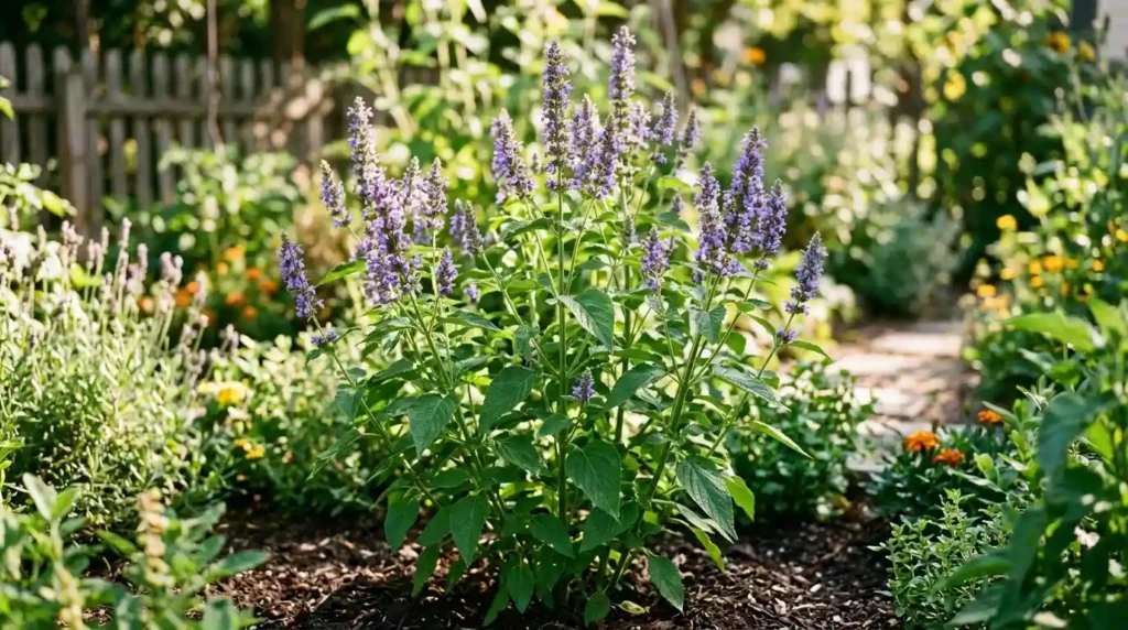 Salvia hispanica with purple flower spikes growing in a sunny outdoor garden bed