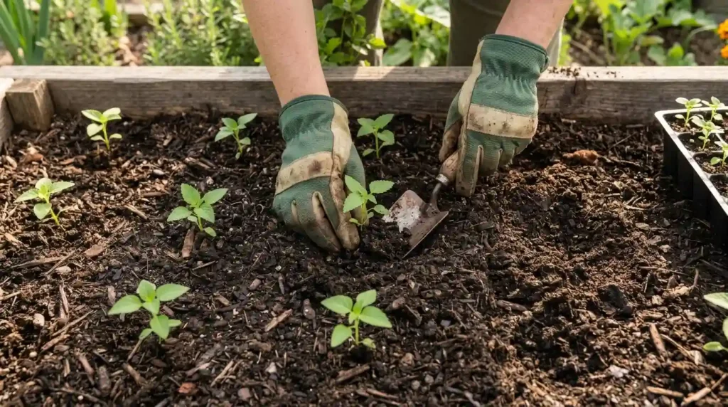 Gardener planting young chia plant seedlings into soil outdoors