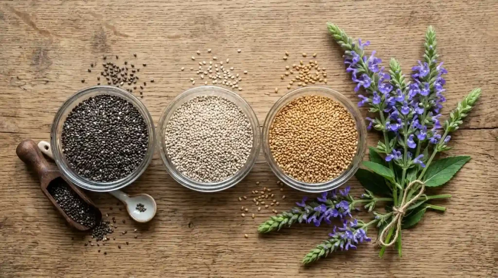 Different types of chia plant seeds including black, white, and golden varieties