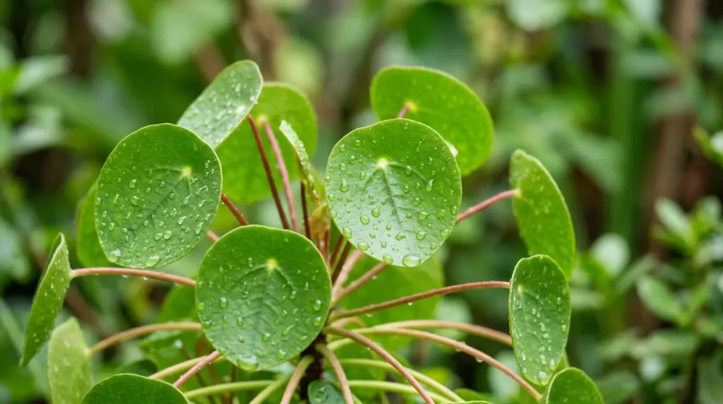 Close-up of round, coin-shaped houseplant leaves on thin reddish stems