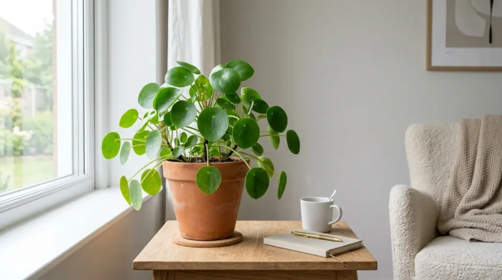 Chinese money plant in a terracotta pot on a sunny windowsill
