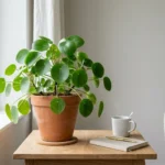 Chinese money plant in a terracotta pot on a sunny windowsill
