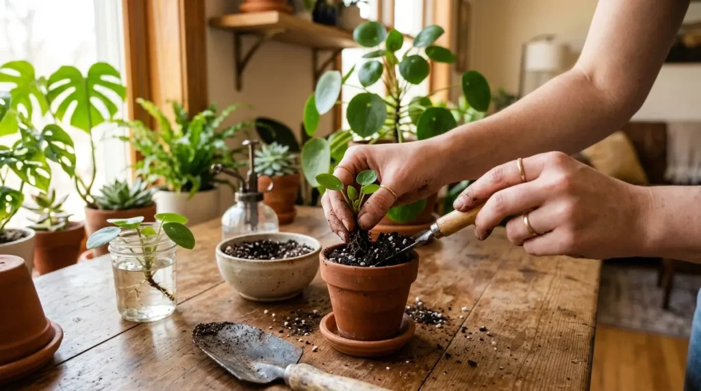 Potting a Chinese money plant baby pup for propagation