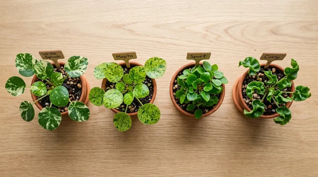 Four Chinese money plant varieties including Variegata, Mojito, Sport, and Curly