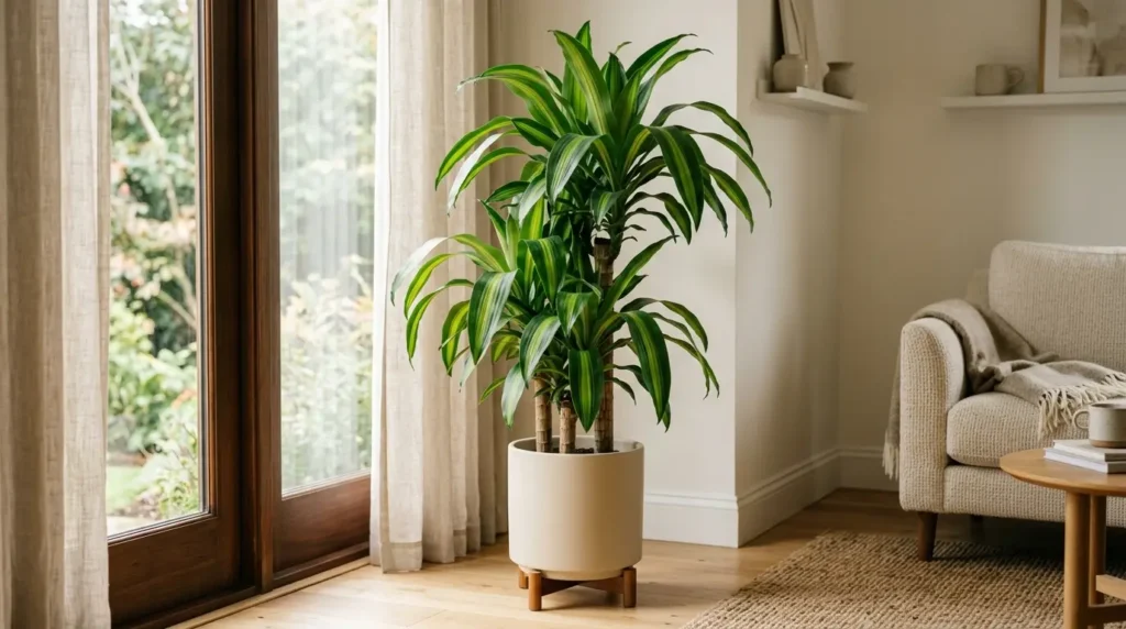 Healthy corn plant in a bright living room, an example of good corn plant care