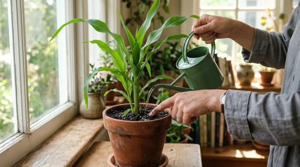 Person watering a potted Dracaena fragrans and checking soil moisture with a finger