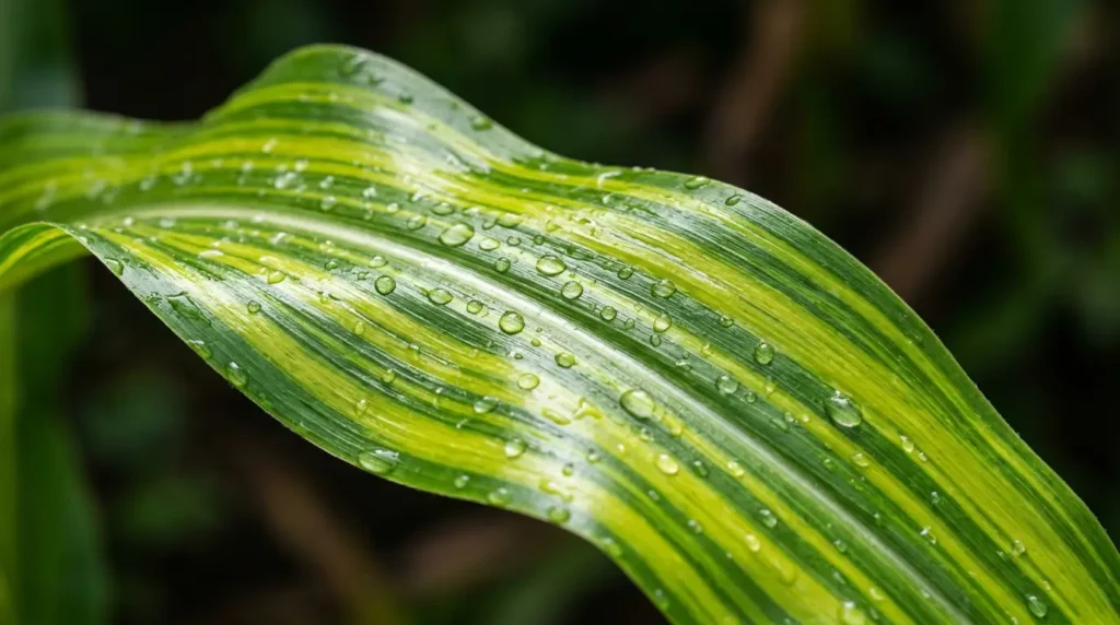 Close-up of striped corn plant leaves highlighting key corn plant care signs
