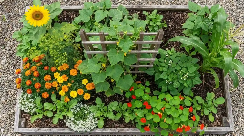Real garden photo of the best cucumber companion plants, including marigolds, nasturtium, dill, and sunflowers