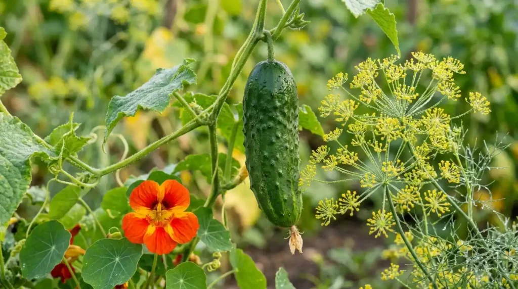 Close-up of a cucumber vine growing near dill and nasturtium, popular cucumber companion plants