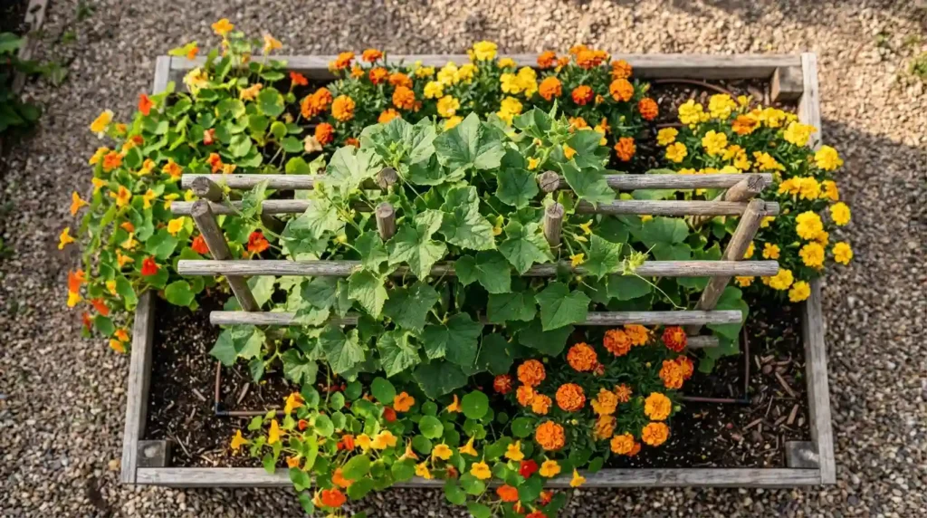 Raised garden bed showing cucumber companion plants like marigolds and nasturtiums growing together