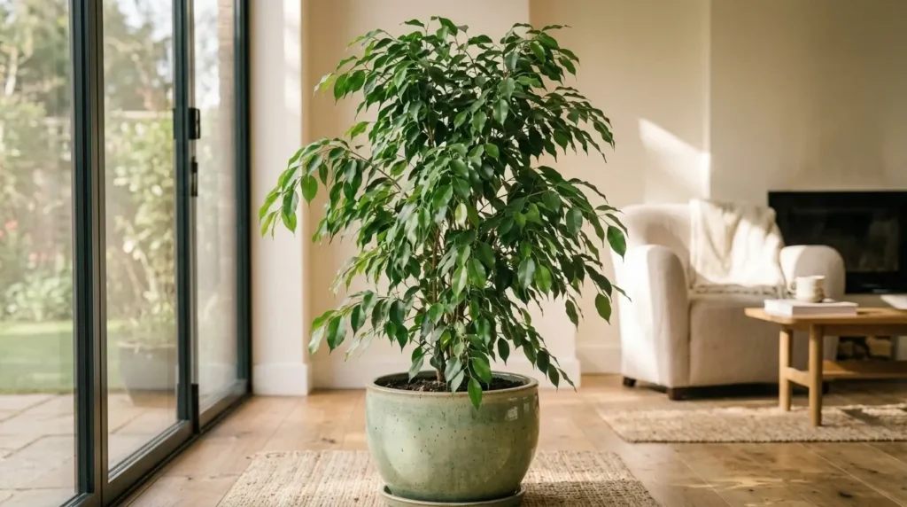 Healthy ficus tree plants growing in a bright modern living room