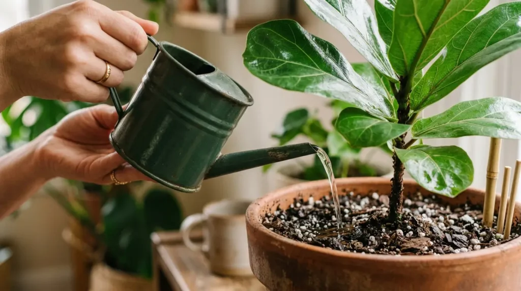 Hands watering ficus tree plants in a terracotta pot
