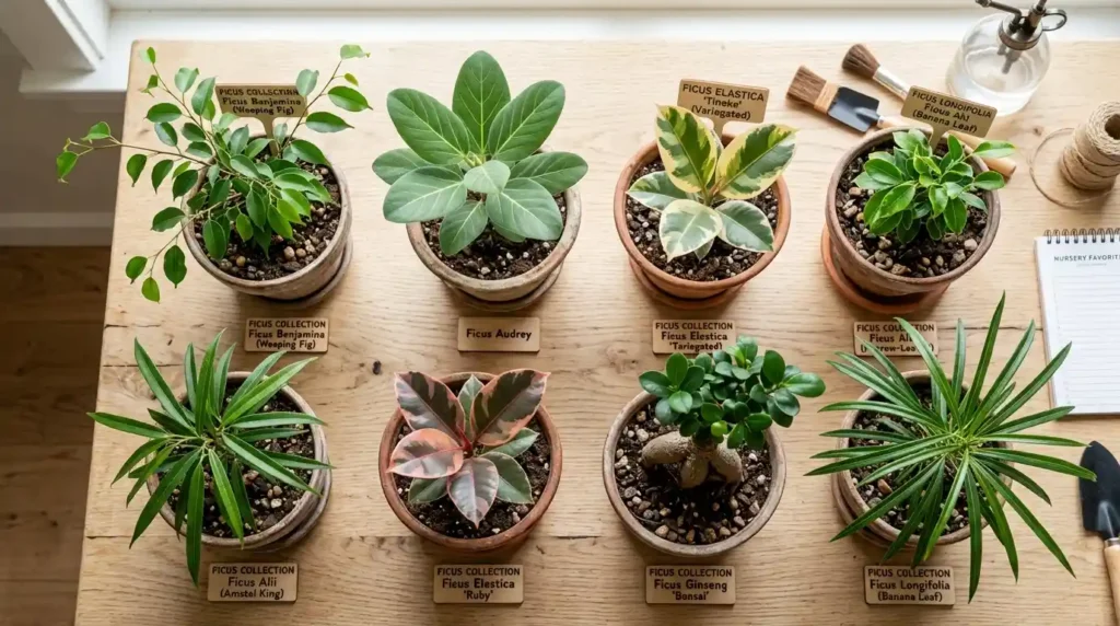Seven types of ficus tree plants varieties arranged in small pots