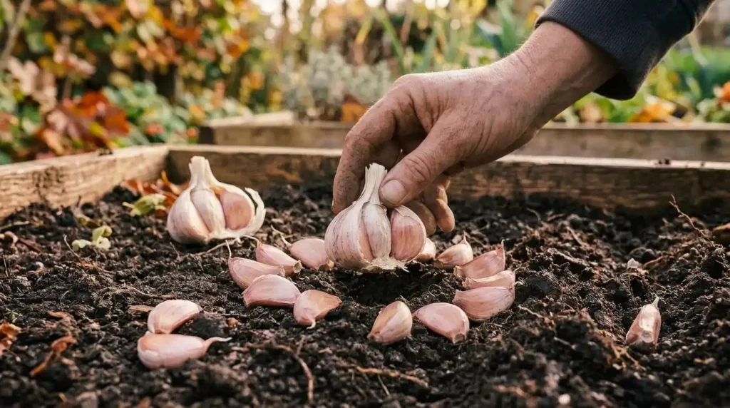 Vibrant flat lay of garlic bulbs and cloves illustrating garlic plant care