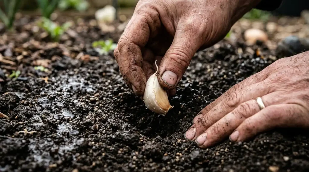 Close-up of hands planting a single garlic clove into rich soil