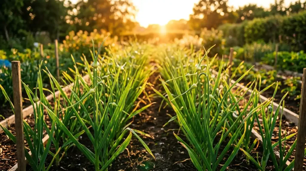 Sunlit rows of garlic plants growing in a garden showing healthy garlic plant care