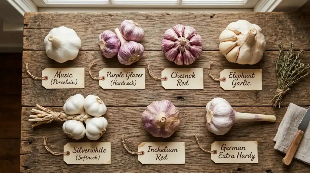 Different varieties of garlic plant care including hardneck and softneck types