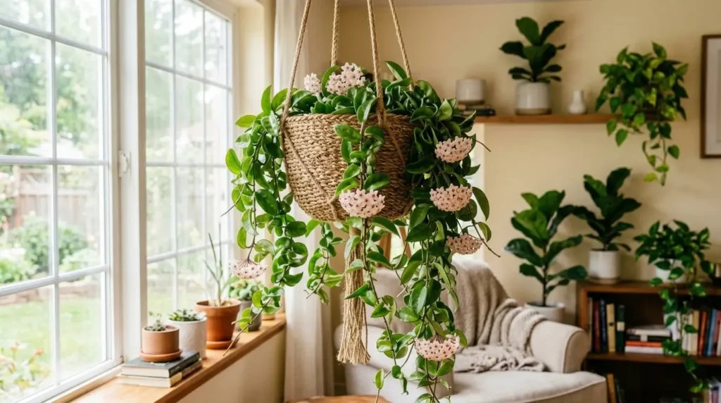 Trailing hoya plant care showing waxy leaves and star-shaped blooms in hanging basket