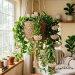 Trailing hoya plant care showing waxy leaves and star-shaped blooms in hanging basket