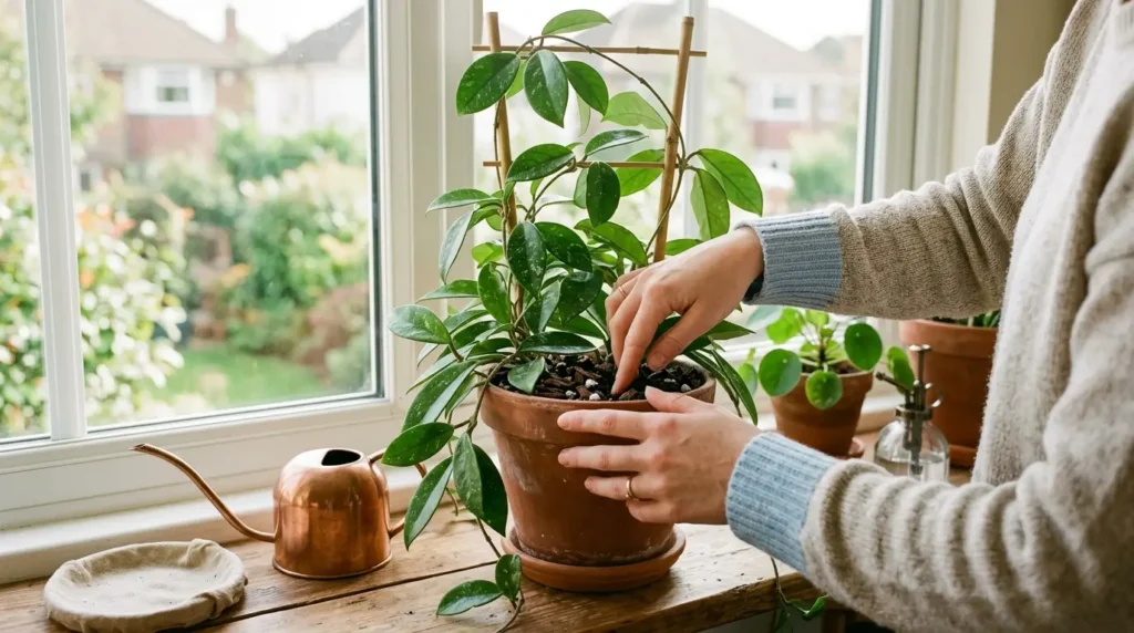 Person checking soil moisture of a potted plant near a bright window