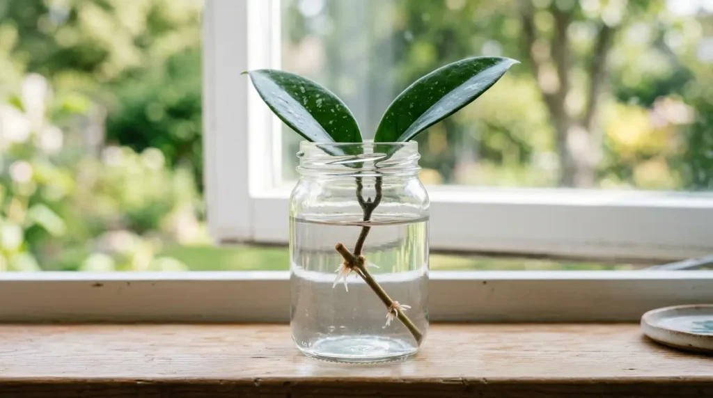Hoya plant care propagation method rooting a stem cutting in a glass of water