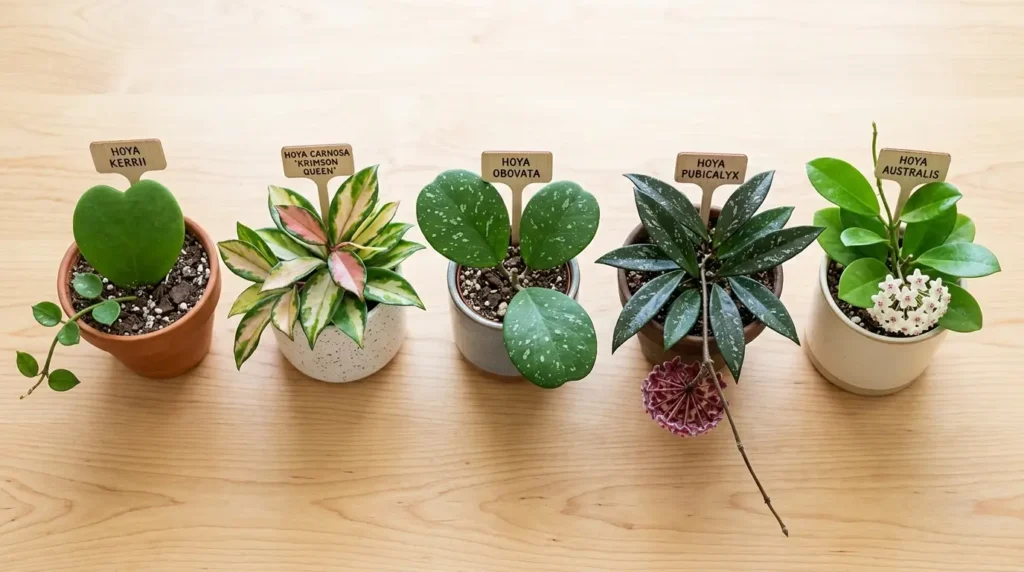 Different hoya plant care varieties including kerrii, Krimson Queen, obovata, pubicalyx, and australis