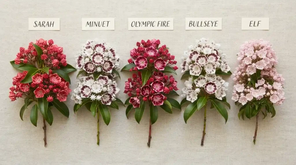 Comparison of different types of kalmia plants cultivars including Sarah, Minuet, and Olympic Fire
