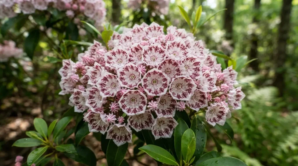 Close-up of blooming kalmia plants showing pleated pink and white mountain laurel flowers