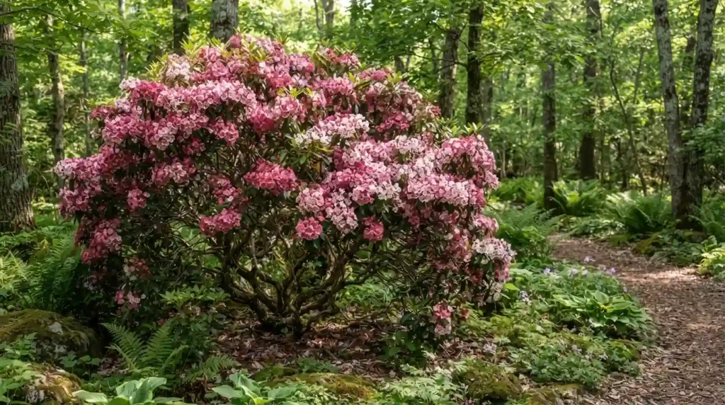 Mature mountain laurel shrub covered in red and pink blooms in a shaded woodland garden