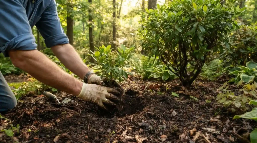 Gardener planting kalmia plants in acidic, well-draining soil in a shaded garden bed