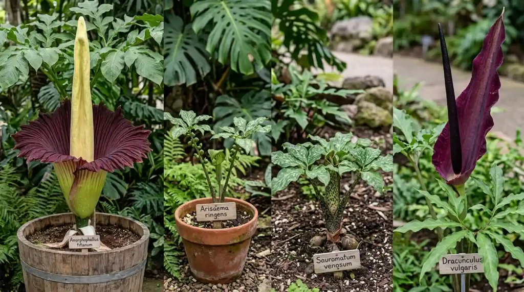 Konnyaku plant relatives including corpse flower, dragon arum, and elephant yam