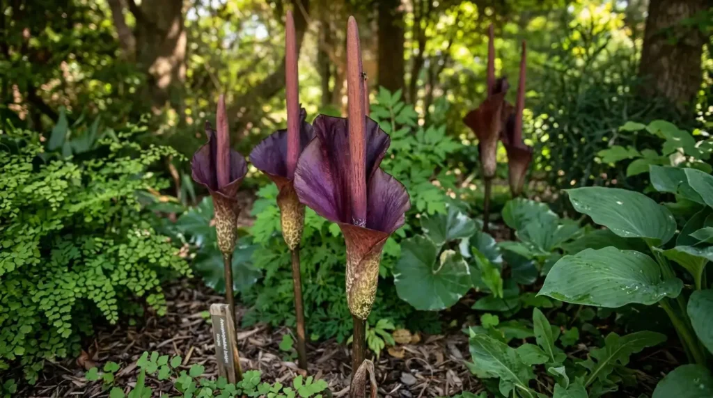 Mature konnyaku plant with umbrella-shaped leaf growing in dappled shade