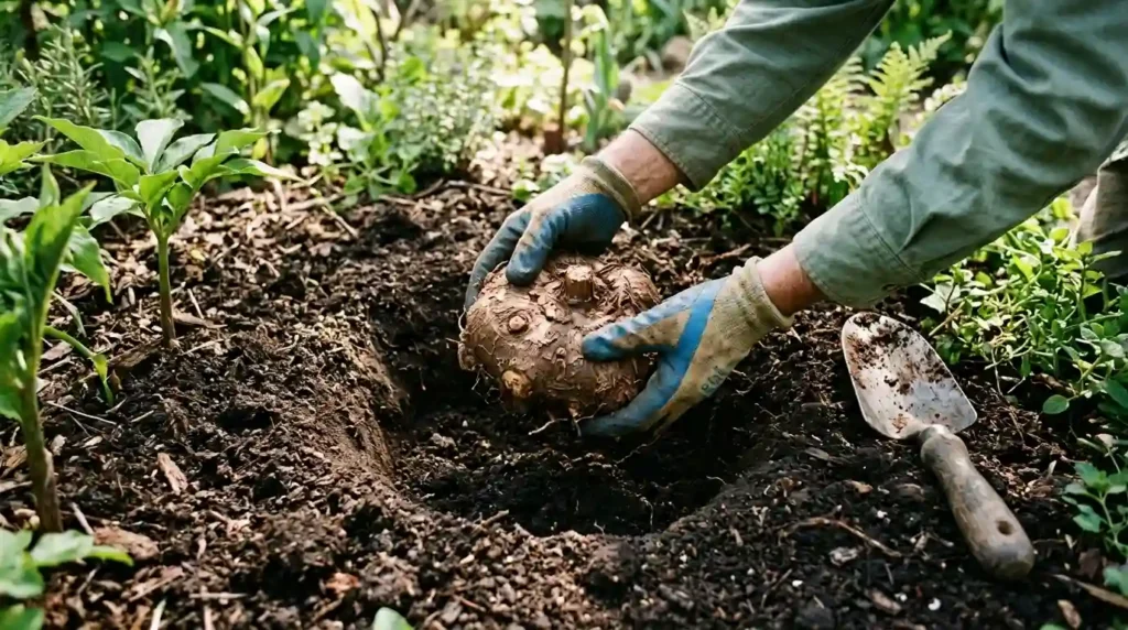 Gardener planting a konnyaku plant corm into rich well-draining soil