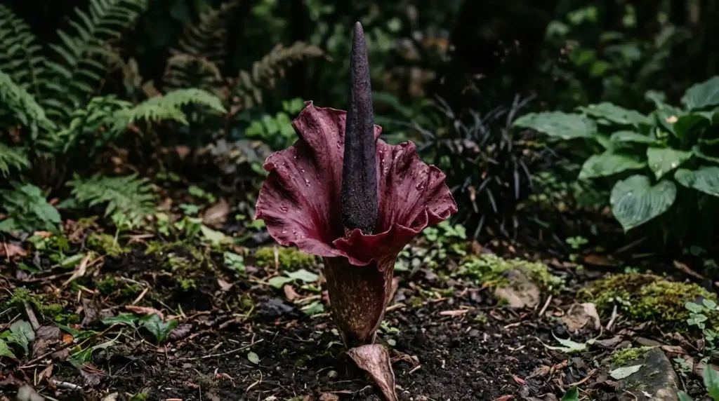 Dark maroon konnyaku plant flower with spadix blooming in spring