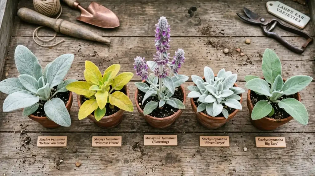 Five popular lamb's ear plant varieties in pots, showing different leaf textures and colors