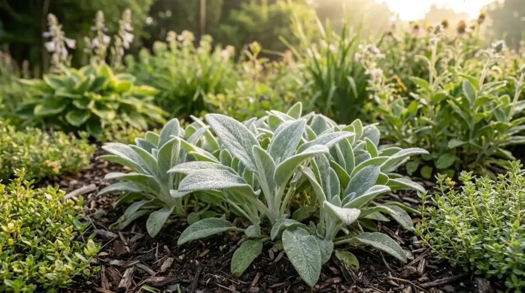 Close-up of a Lamb's Ear Plant showing soft, silvery fuzzy leaves in sunlight
