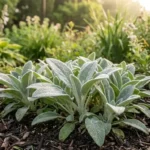 Close-up of a Lamb's Ear Plant showing soft, silvery fuzzy leaves in sunlight