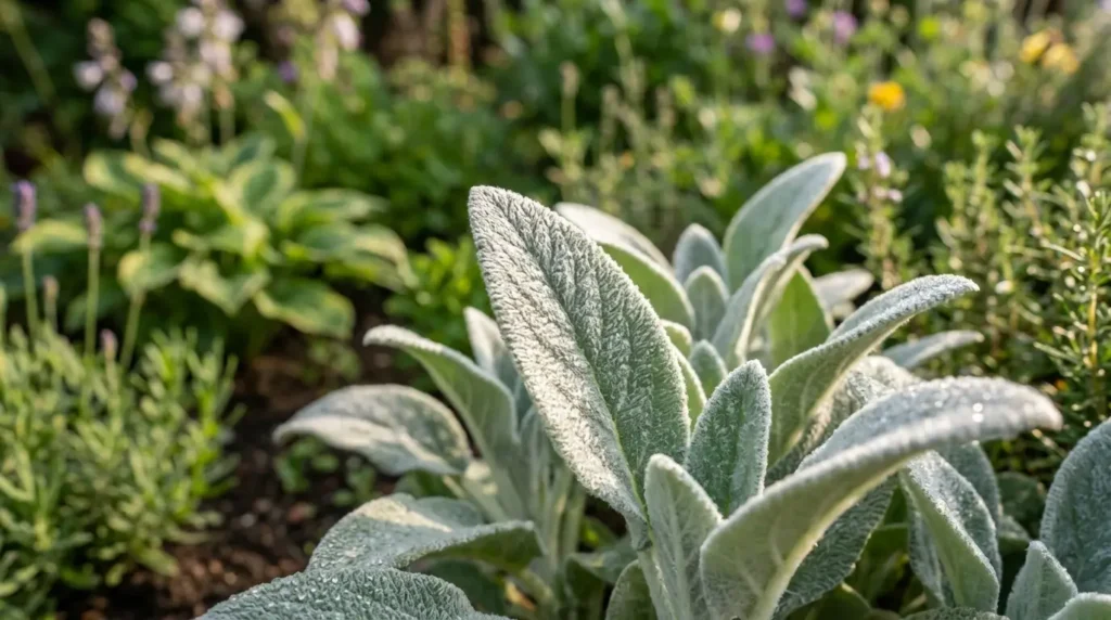 Close-up of soft, silvery fuzzy perennial leaves in sunlight
