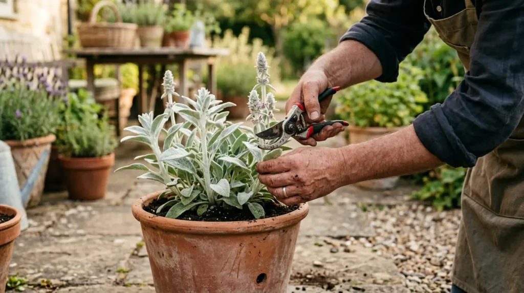 Gardener pruning a lamb's ear plant with shears to remove spent flower spikes