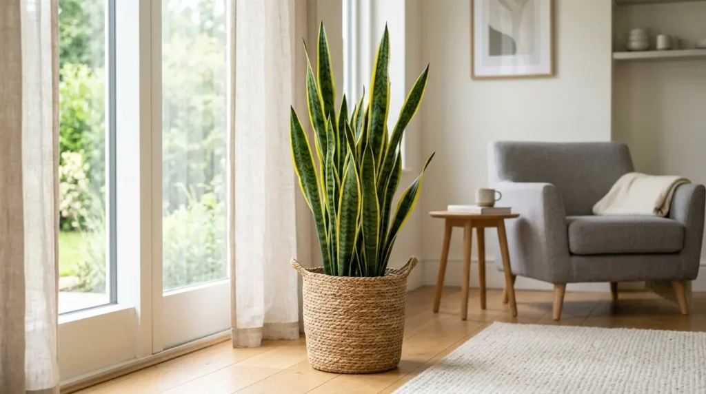 Laurentii plant with yellow-edged leaves in a woven basket near a bright window