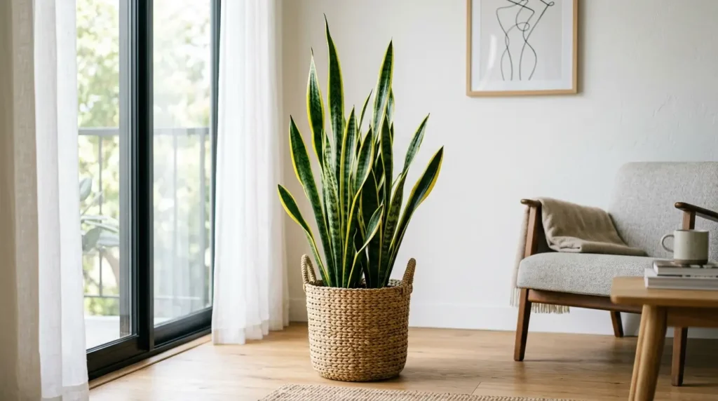 Variegated snake plant with yellow-edged leaves in a woven basket near a bright window