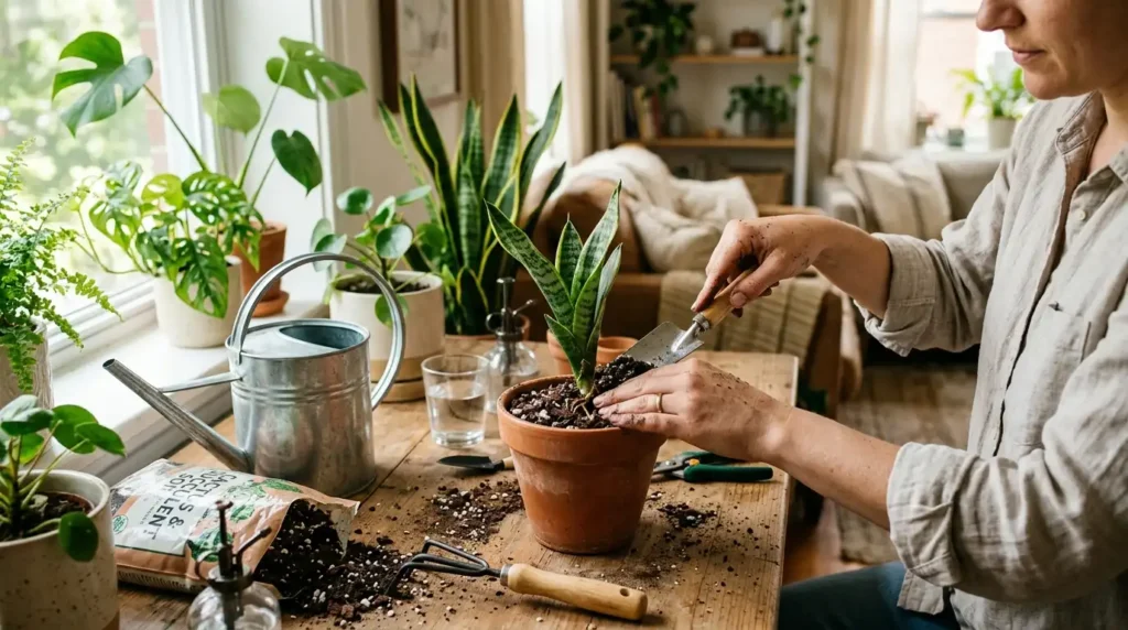 Repotting a laurentii plant division into a terracotta pot with fresh soil