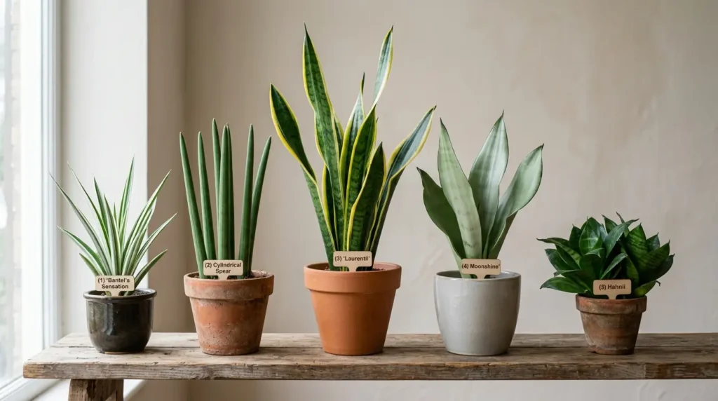Collection of laurentii plant varieties including Moonshine, Cylindrica, and Bantel's Sensation