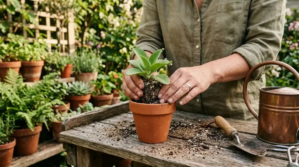 Gardener repotting a succulent into fresh well-draining soil