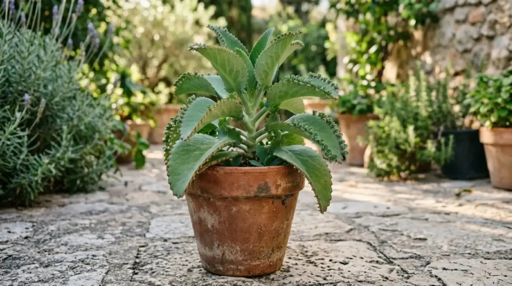 Leaf of life plant growing in a terracotta pot with scalloped green leaves