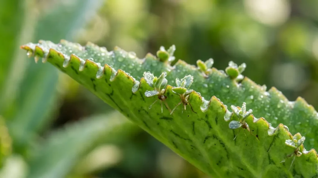 Close-up of leaf of life plant leaf edge sprouting tiny plantlets