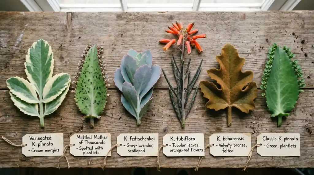 Six different varieties of the leaf of life plant arranged together