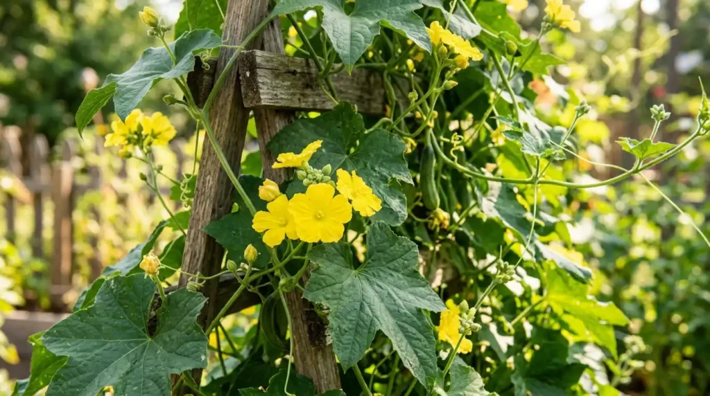 Loofah plant vine climbing a trellis with yellow flowers