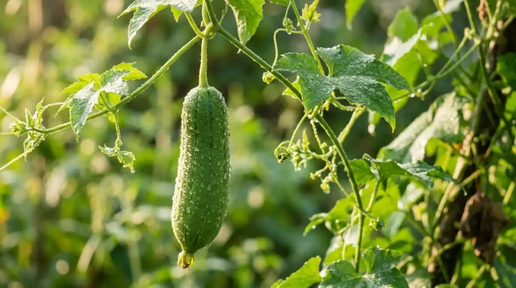 Young green fruit growing on a loofah plant vine