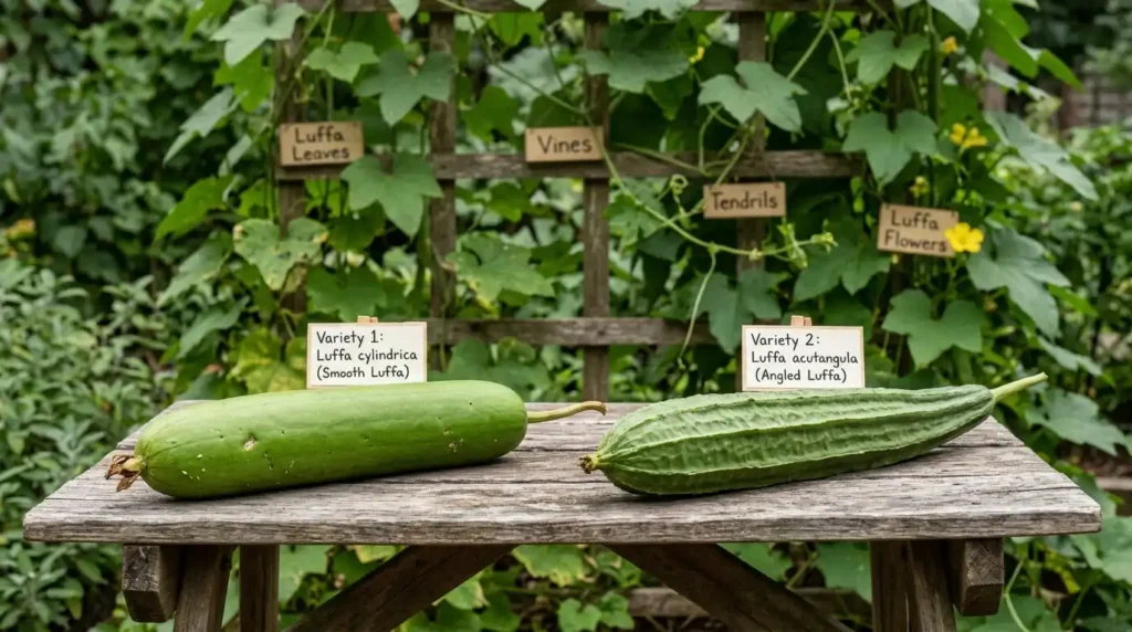 Two loofah plant varieties, smooth and angled luffa gourds, side by side